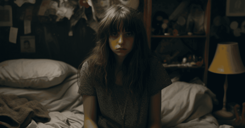 A disheveled young woman sits on an unmade bed in a dimly lit room, staring blankly ahead with a worn, emotionally drained expression. Her face tells the story of someone gaslit into doubting her own reality—brushed off as just a “miscommunication.”