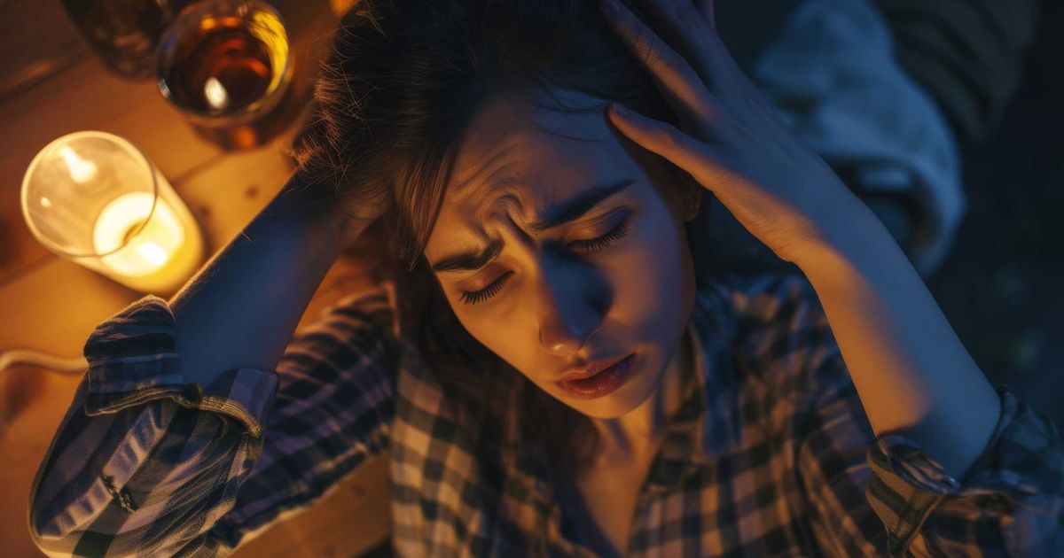 A distressed woman sitting near candles, holding her head in frustration or emotional exhaustion.