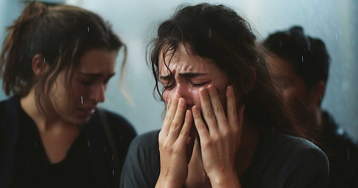 Two emotionally distressed young women, one covering her face in anguish while the other looks down somberly. Rain falls around them, symbolizing sorrow and the emotional toll of repeated manipulation and unfulfilled apologies in toxic relationships.