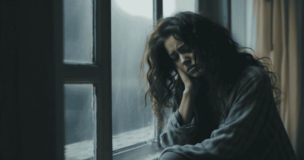 A woman sits by a window in quiet sadness, mourning the truth that her mother may never truly understand who she is.