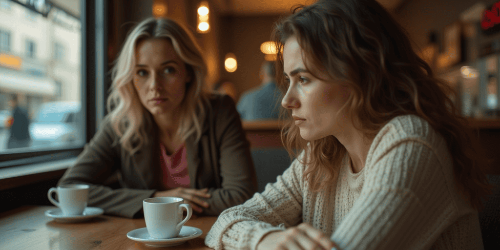 Two women sit in silence at a cafe, one distant and judging, the other slowly realizing the loyalty shift has already happened.