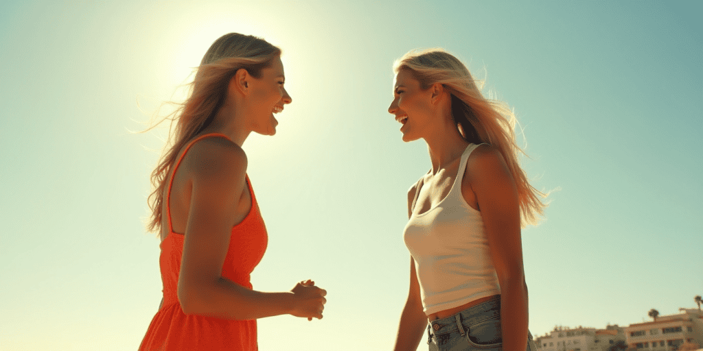Two women laugh in the sun, but one will later twist a harmless moment into guilt to dodge accountability in an argument.