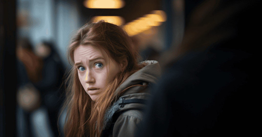 A young woman with wide, anxious eyes glances over her shoulder in a crowded, dimly lit public space, her expression tense and uncertain. The fear in her eyes mirrors the silent control narcissists wield through shame and intimidation.