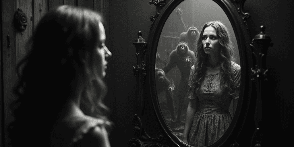 A woman looks into the mirror while shadows close in, refusing to show anything they can twist against her.