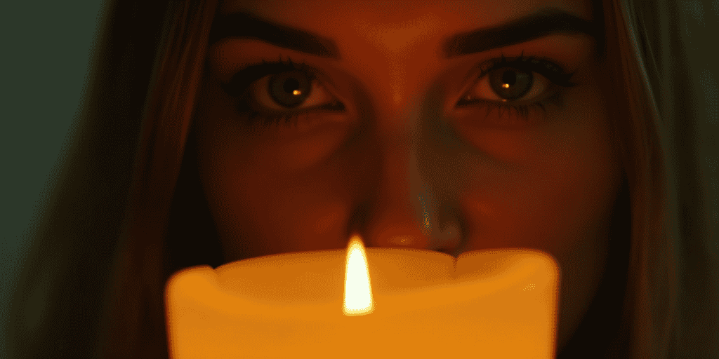 A woman stares into a candle, holding in every emotion they tried to pull out of her.