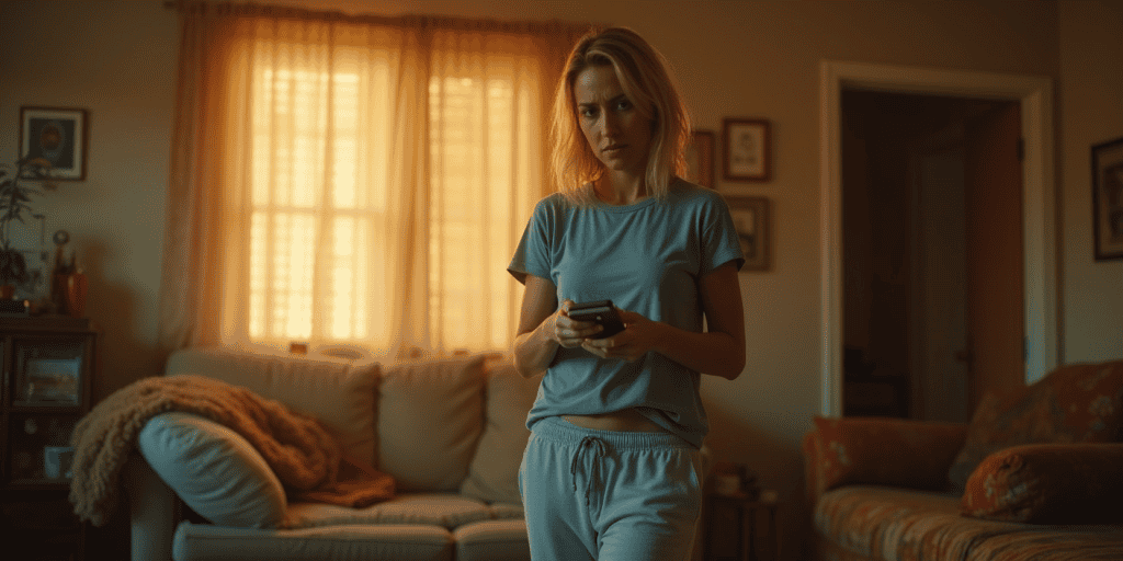 A woman stands frozen with her phone in hand after ending a call with a narcissistic family member who twisted her words again.