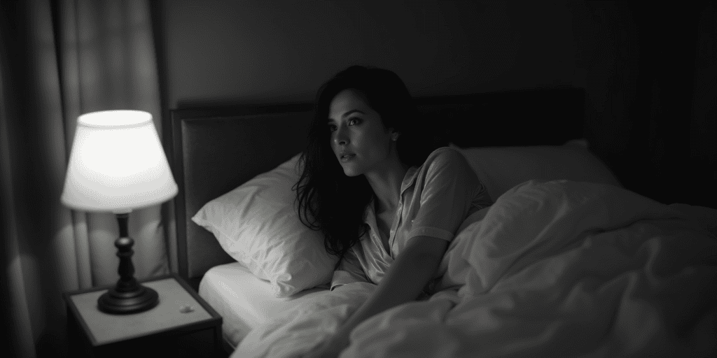 A woman lies awake in bed, eyes wide in the dark, replaying manipulative phrases that made her question her own sanity.