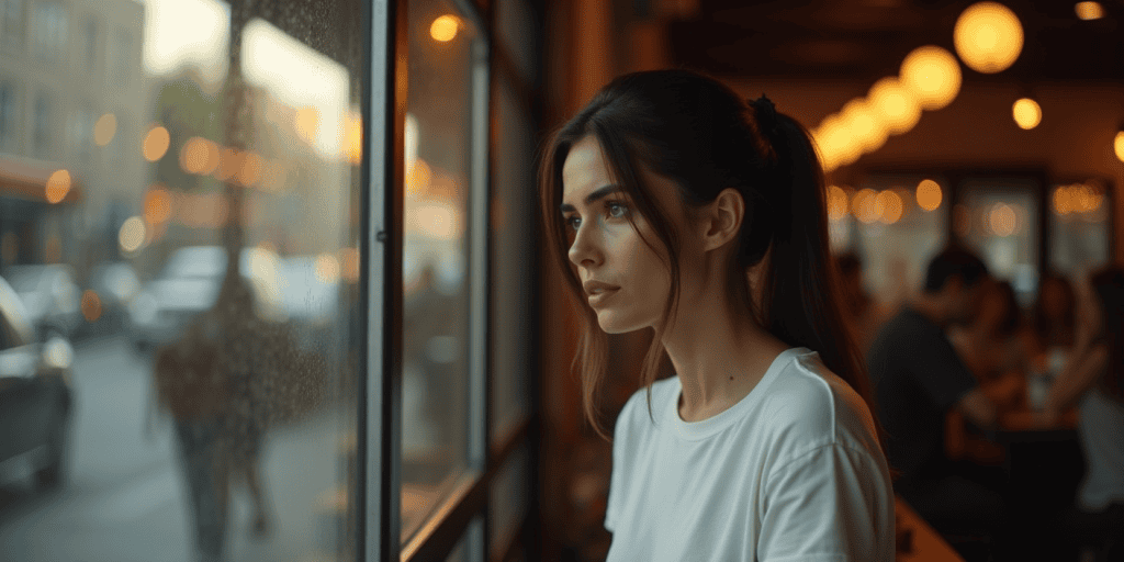 A woman stares out a rain-speckled window of a cafรฉ, processing the emotional damage caused by being constantly told her feelings werenโt real.