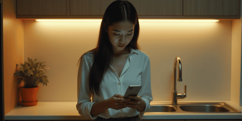 A woman reads a long message in a quiet kitchen, her face calm but heavy, processing guilt-tripping texts from a narcissistic relative.