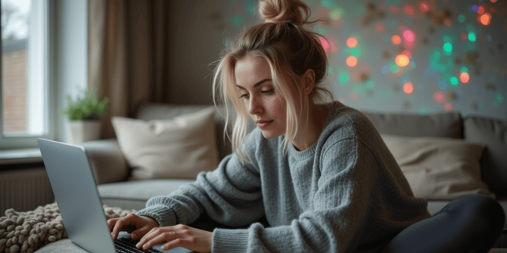 A woman sits while typing, reflecting on the emotional confusion caused by narcissistic gaslighting tactics.