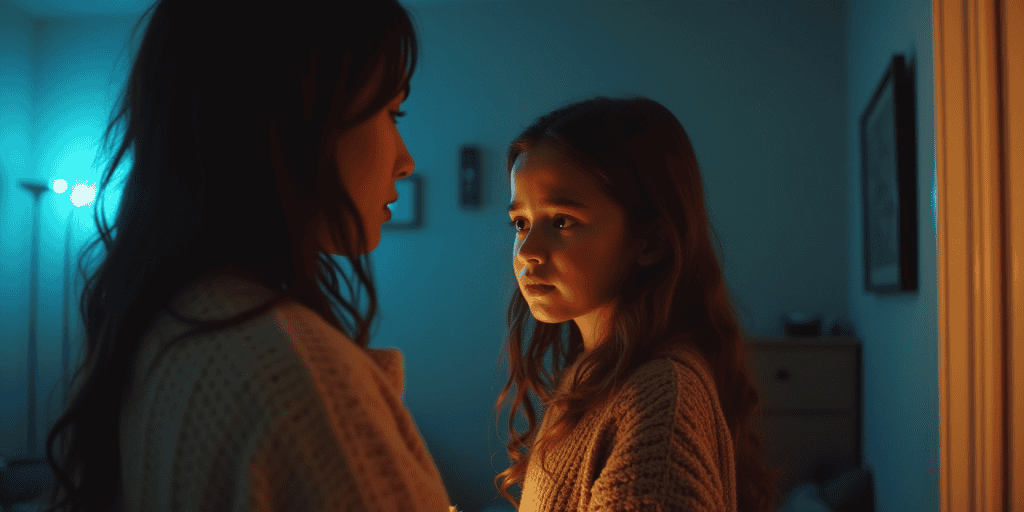 A young girl looks up at a woman in silence, already learning how to shrink herself to survive in a narcissistic household full of unspoken tension.