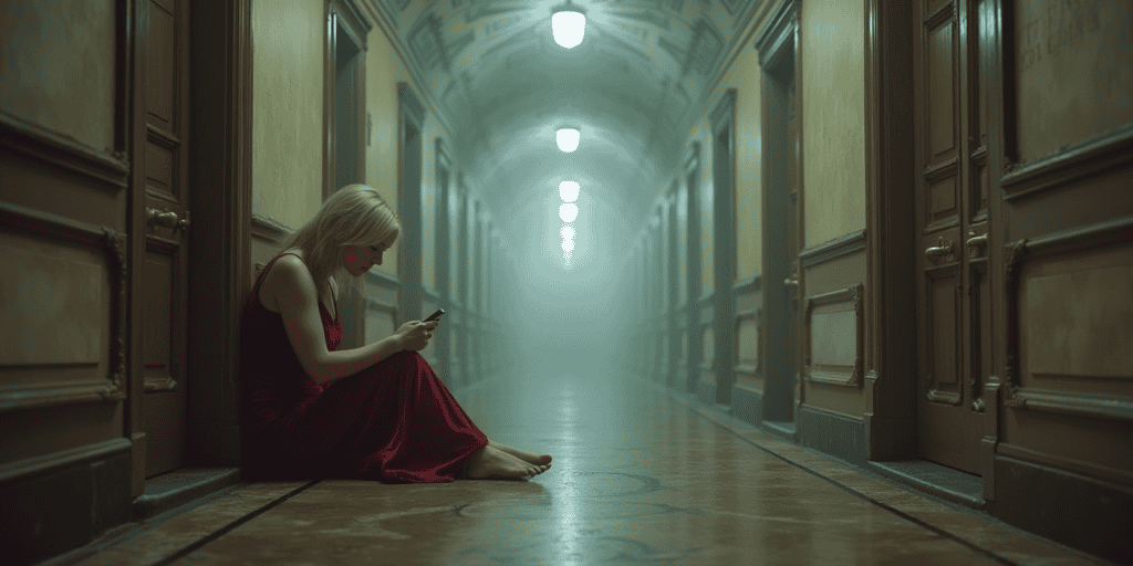 A woman stares at her phone in a long hallway, stuck in another cycle of gaslighting and emotional blame from her narcissistic family.