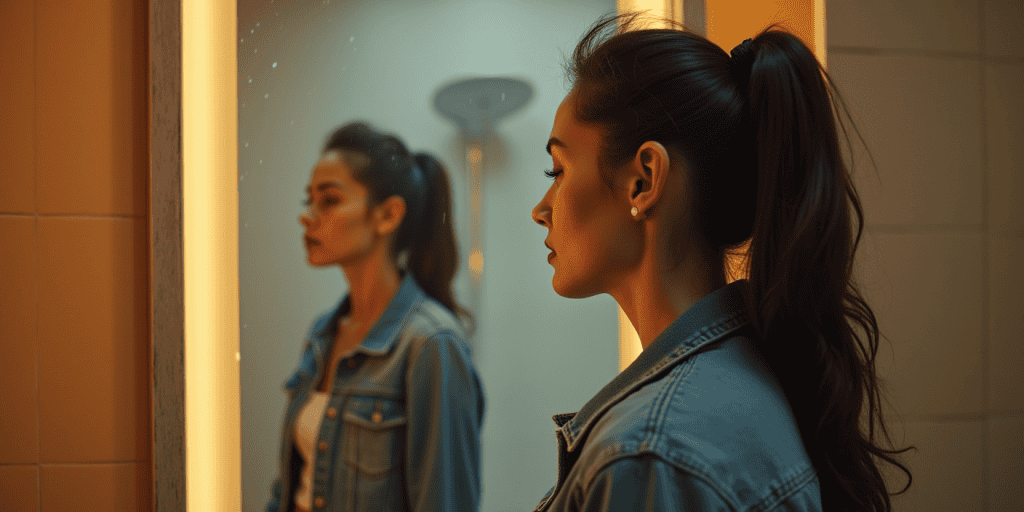 A woman looking past herself in the mirror, trying to hold on to her truth after years of being gaslit by narcissistic family members.