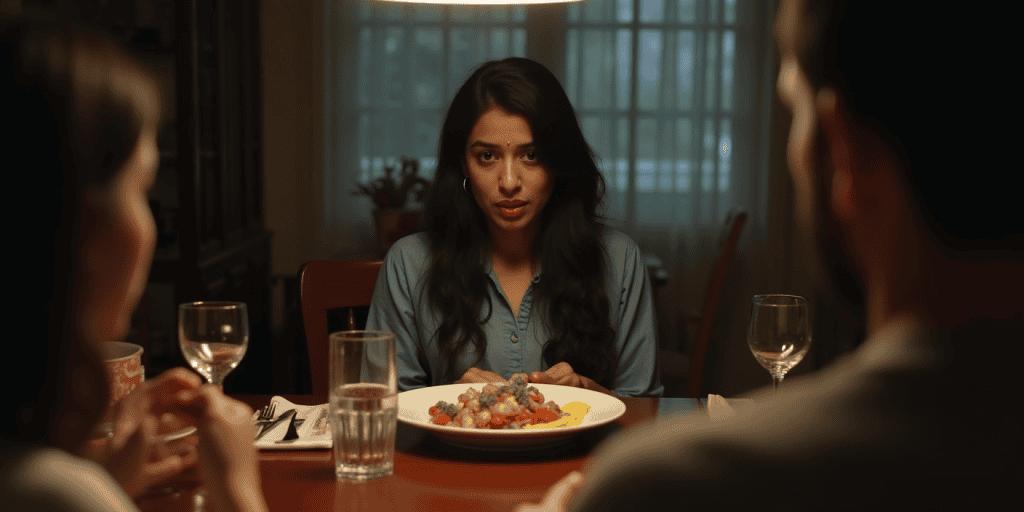 A woman sits at a dinner table, surrounded but emotionally isolated, experiencing the silent punishment often used by narcissists to regain control.