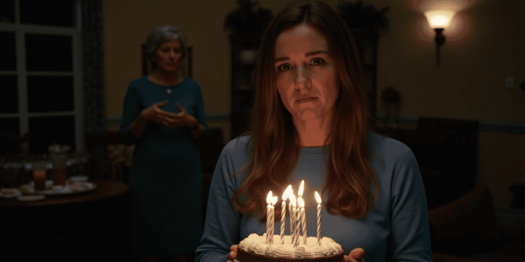 A woman stands with a birthday cake, confused and hurt, while her mother pretends the promised celebration never happened.