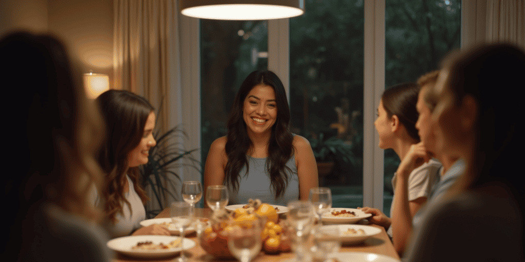 A woman smiles at a family dinner while quietly enduring, praised for being โmatureโ only when she stays quiet.