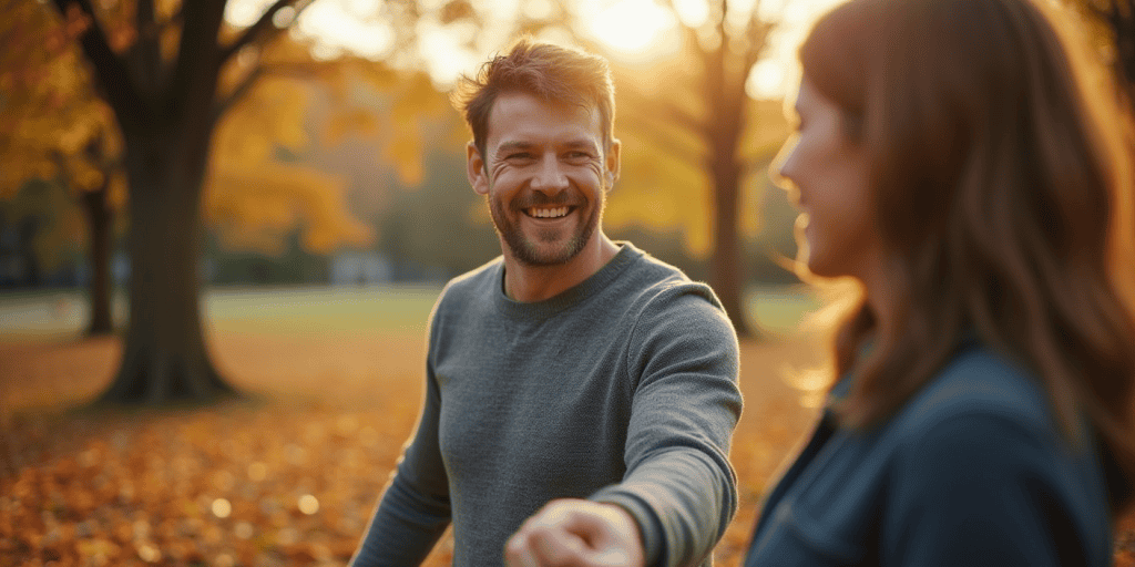a happy man holding his girlfriend's hand smiling in the autumn park.