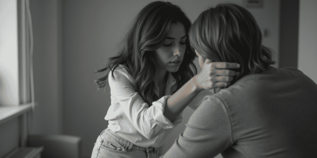 A woman comforts the narcissist, still trying to be kind.