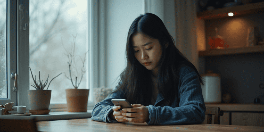 A woman sits by the window staring at her phone, waiting for closure from someone who never planned to give it.