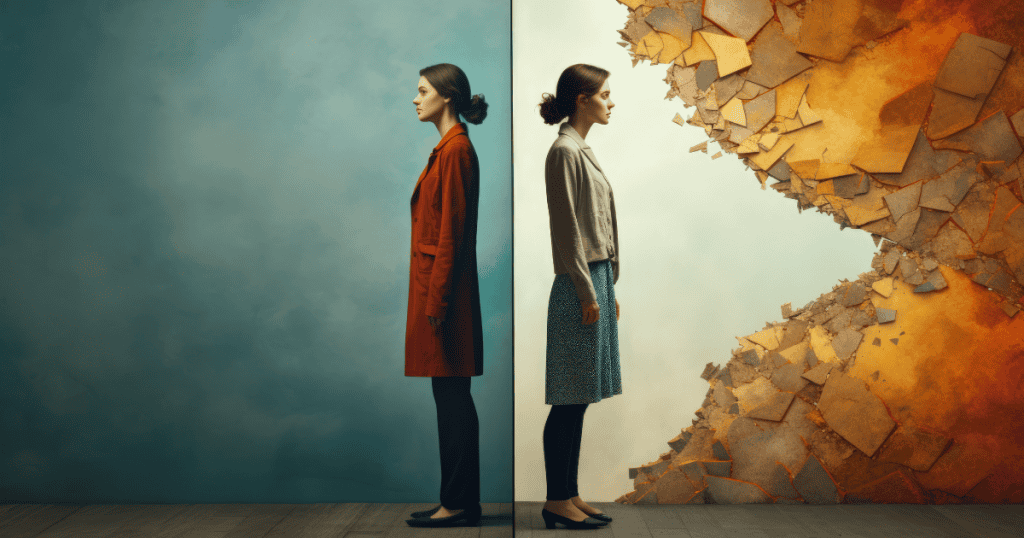 an image with a split in the middle showing same woman wearing different clothes. One looks happy and the other one looks sad.