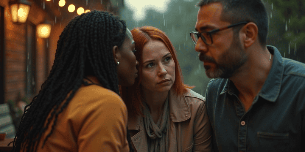Two women listens as someone whispers in their ear, both being pulled into a narcissistโs lies.