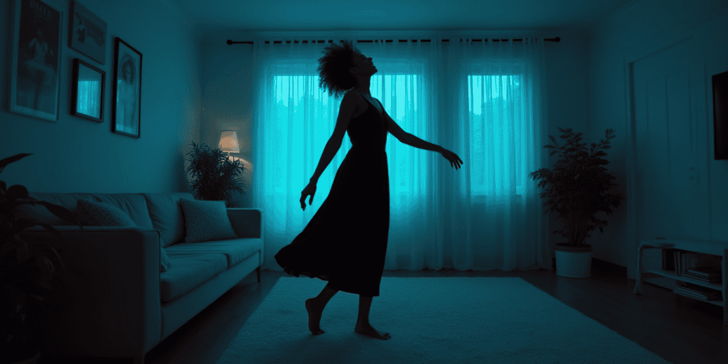 A woman dances alone in her living room finally free from performing emotional labor for her narcissistic family just to be accepted.
