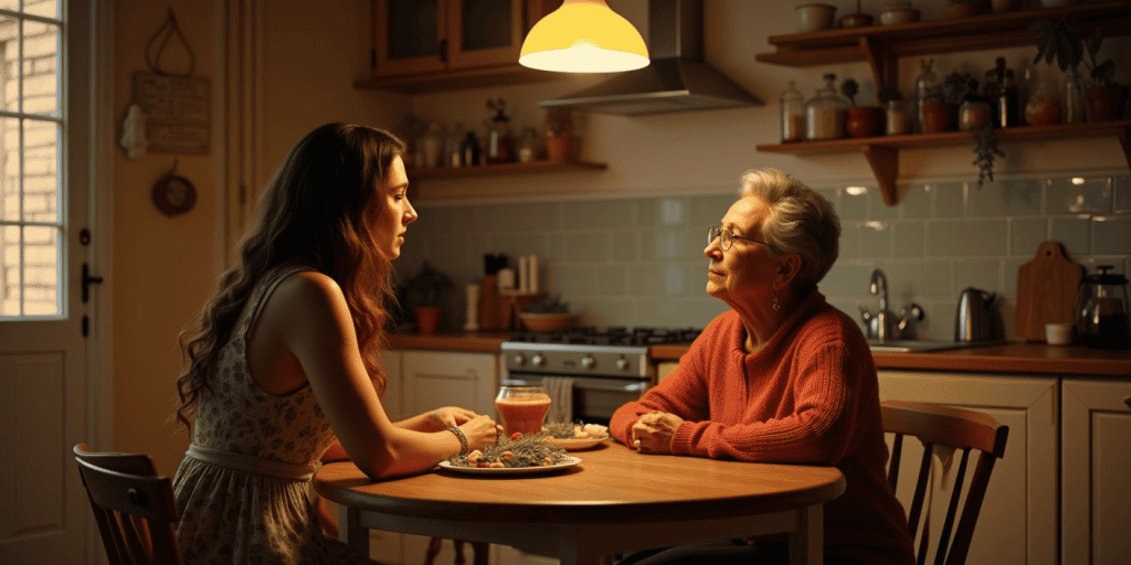 A woman sits across from her mother who masks control as concern, while she tries not to fall back into old roles that once kept her silent.