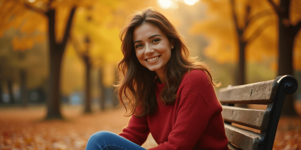 A woman sits alone on a park bench in autumn, smiling peacefully, finally feeling the quiet after breaking from a toxic family cycle.