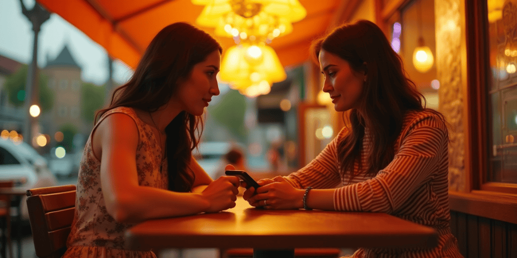 Two sisters sit across from each other at a cafรฉ, one emotionally disengaged and scrolling, while the other seeks a moment of truth and closure.