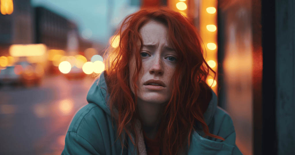 A woman looks overwhelmed, reliving old trauma after a small trigger that hit deeper than it should have.