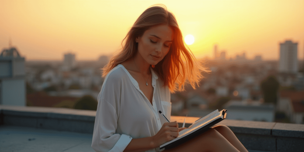 A woman writes in her journal at sunset after realizing how narcissistic manipulation once kept her small and voiceless.