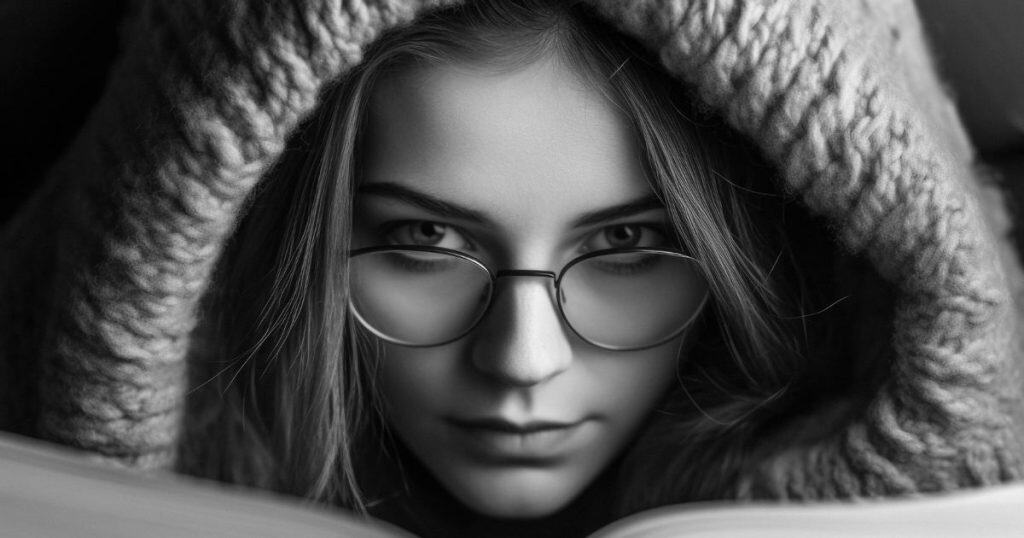 a close up picture of a woman wearing reading classes reading book looking mysterious.