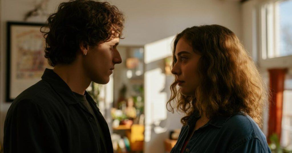 a woman and a man standing in the kitchen staring intensely at each other during the morning sunlight.