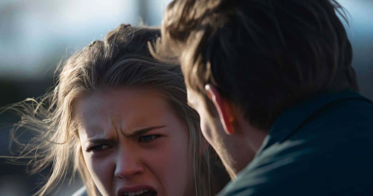 A young woman with a distressed and frustrated expression confronts a man whose face is partially turned away, suggesting a tense or emotional argument. Her open mouth and furrowed brows reflect intense emotion, possibly anger or desperation—symbolic of the emotional turmoil and manipulation.
