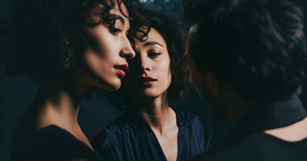Photorealistic scene of non-monogamous relationship of three woman wearing dark dresses looking at each other.
