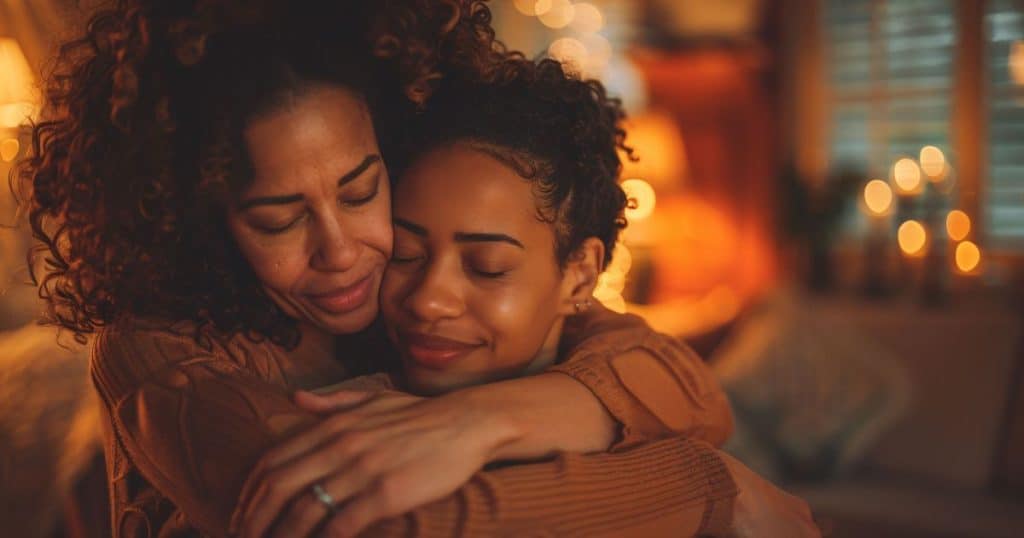 a black woman is hugging herself in a well-lit living room both closing her eyes in loving way.