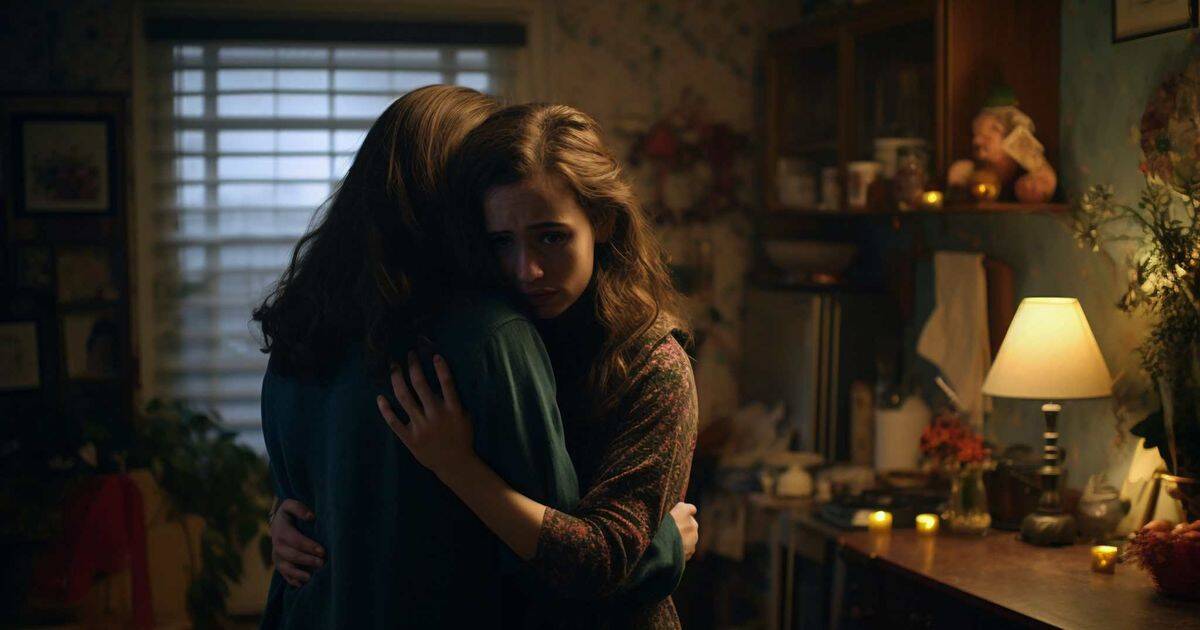 Two women embrace in a dimly lit room. One woman faces the camera with a distressed, trapped expression while the other, whose face is hidden, holds her tightly.