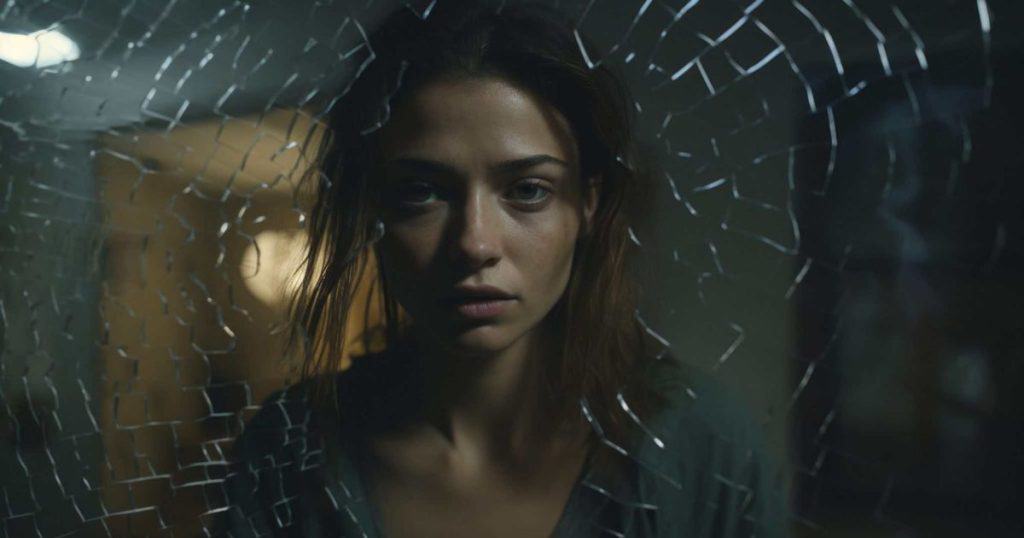 A distressed woman gazes through a shattered mirror, symbolizing the emotional fragmentation caused by narcissistic abuse. The broken glass reflects the manipulative tactics used to keep her trapped, aligning with the theme of breaking free from the seven dirty tricks narcissists use to control their victims.