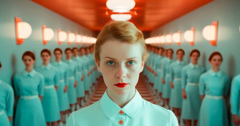 a picture of a maid in her uniform and behind her is full of the same maids.