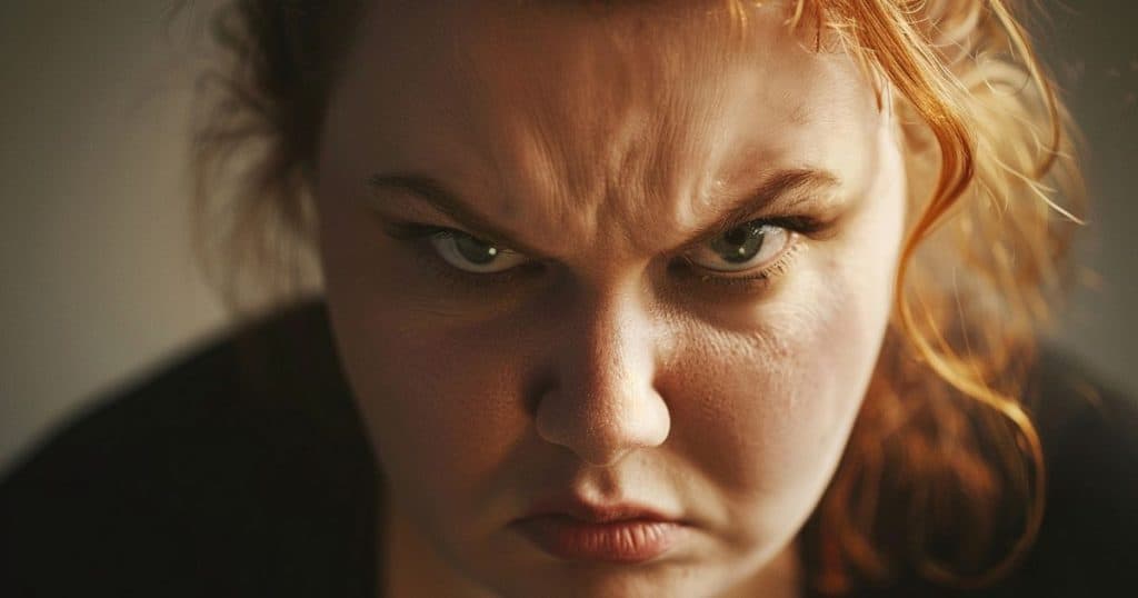 Portrait of woman showing strong emotions for mental health awareness looking angry with messy hair on her face.