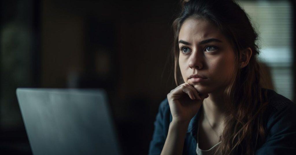 Young woman at home pondering work tasks sitting in a dark home office looking a bit confused.