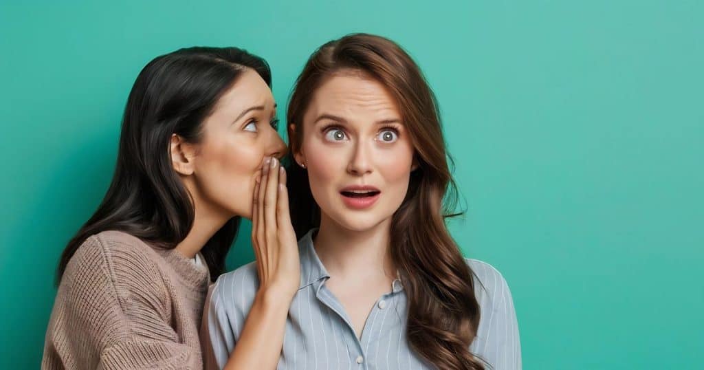 Woman surprised when her friend whispering in her ear about a family rumours. both standing against green background.