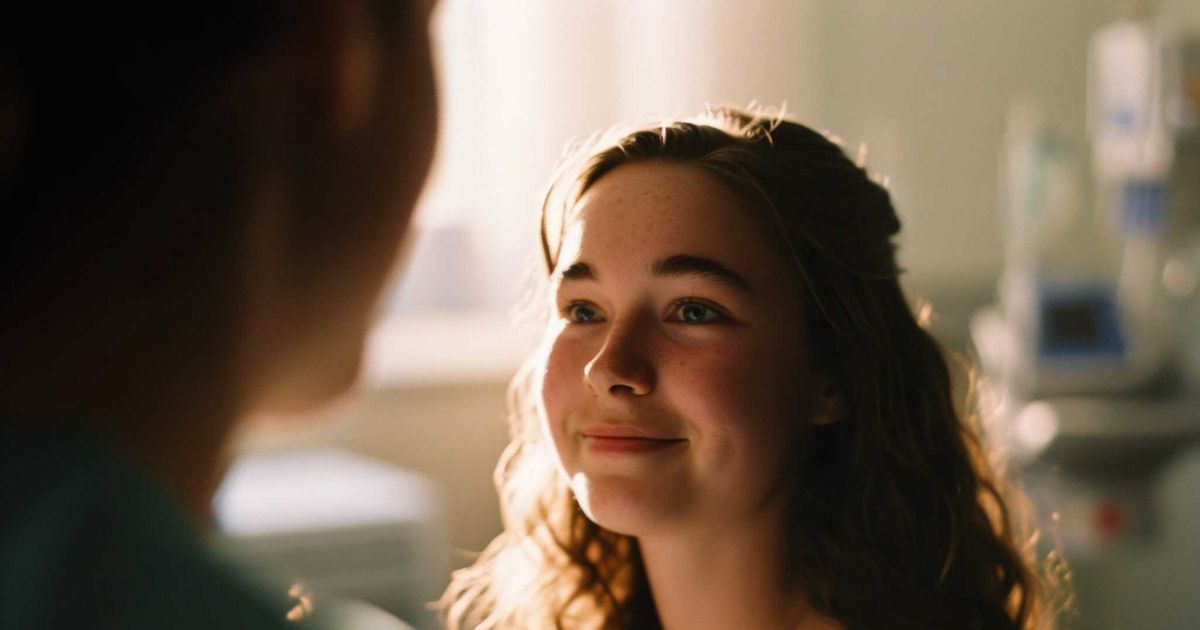 A young woman with long wavy hair gazes upward with a soft but confident smile, her face warmly lit by natural light. Another figure is slightly blurred in the foreground, drawing focus to her expression of quiet strength and self-assurance. The background suggests an indoor setting, possibly a conversation or moment of reflection.