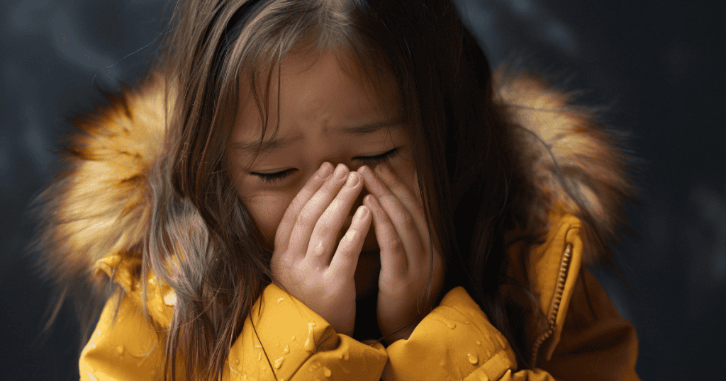 A young girl in a yellow coat with fur trim stands against a dark background, covering her face with both hands as if crying or overwhelmed. Her reaction mirrors the inner child frozen in fear, the part of us that first learned love was conditional, the same part we must gently reclaim to feel safe in our own skin.