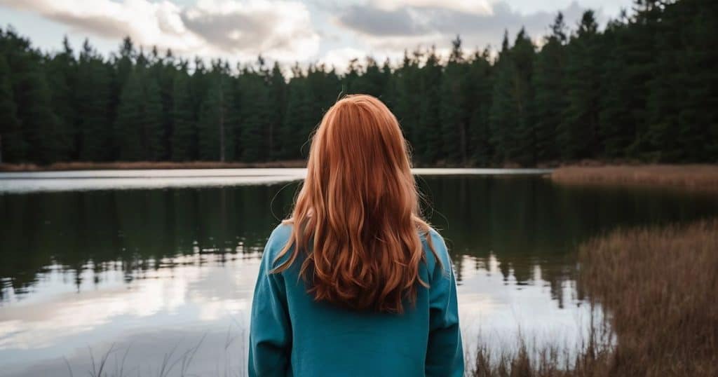 Female with long red hair standing near a lake in a forest alone looking at the evergreen.