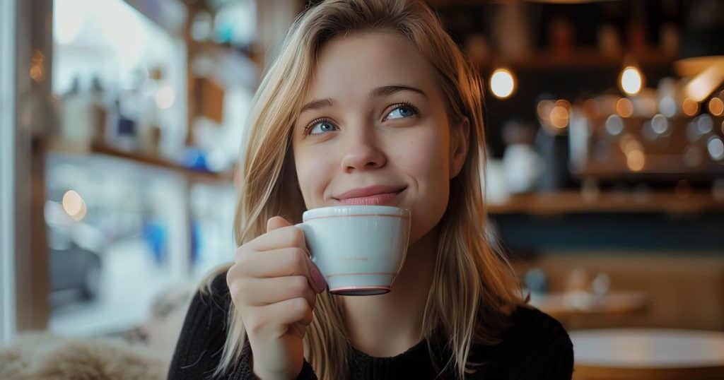 a young woman with short blond hair looking up smiling while enjoying a warm drink in a cafe by herself during mid-day.