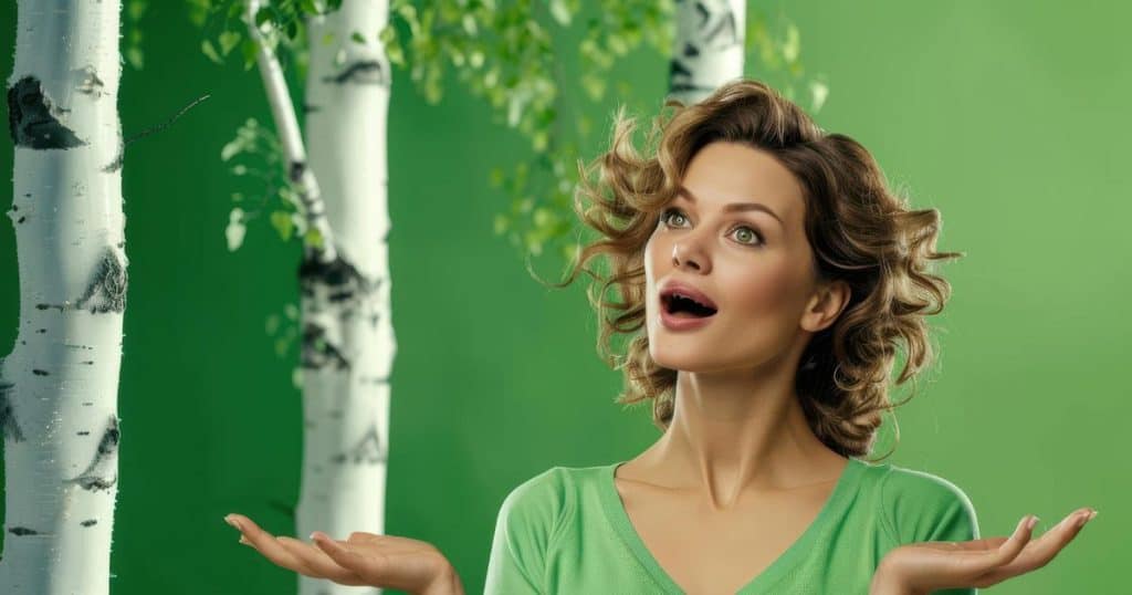 a woman wearing a green shirt standing in front of a green background showing a gesture of expected surprised.