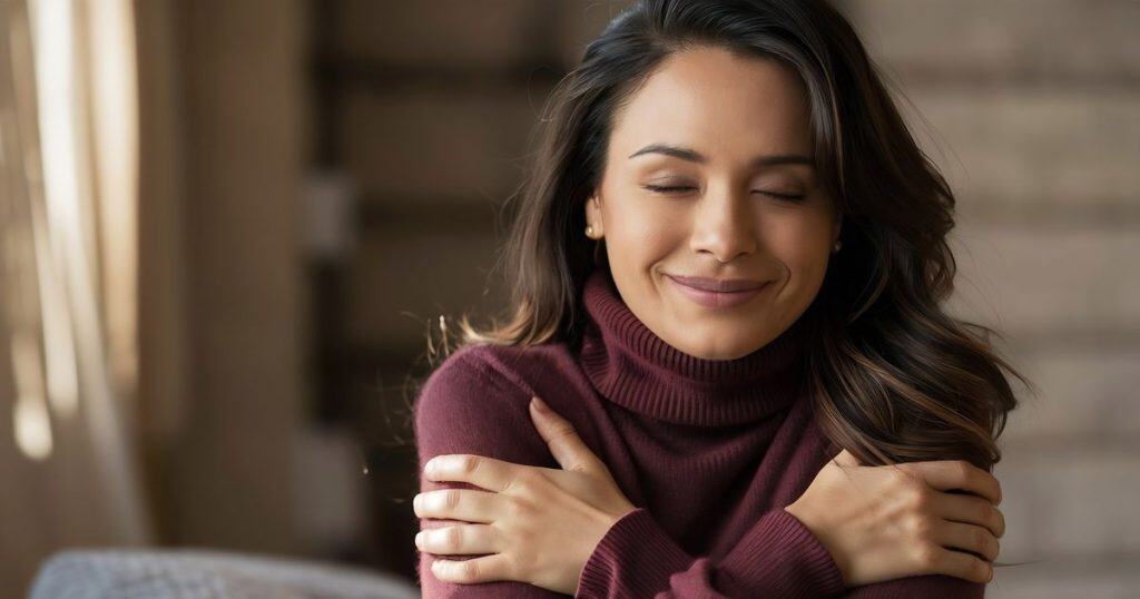 Indoor portrait of positive relaxed young mixed race brunette woman closing eyes with pleasure feeling.