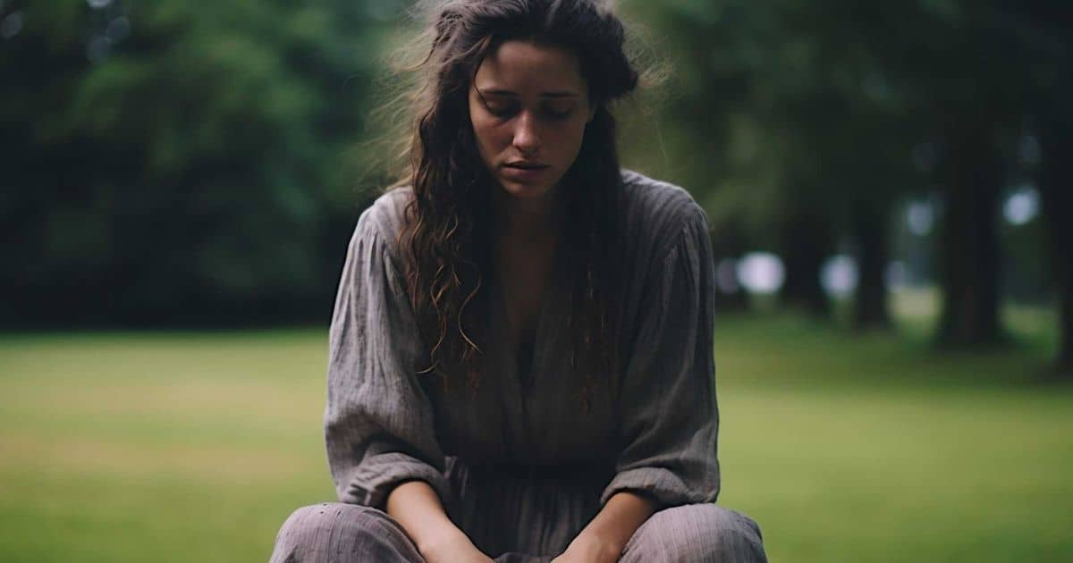 A woman sits alone in a park, looking down with a pained, reflective expression. Her body language conveys sadness, exhaustion, and emotional weight.
