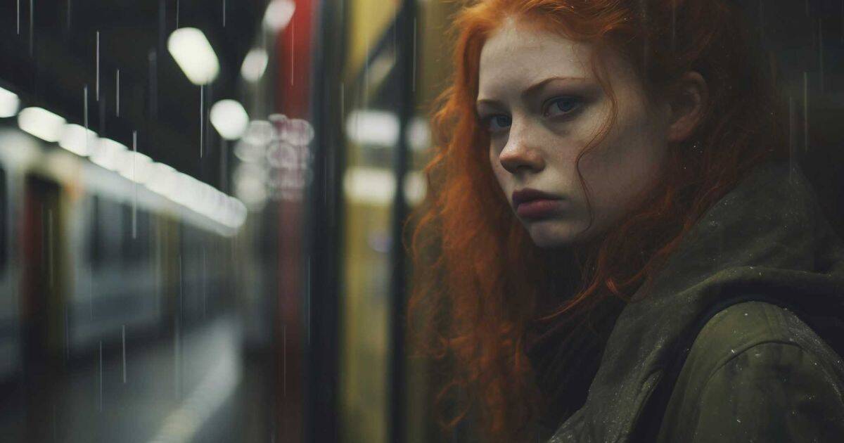 A young woman with striking red hair stands on a dim subway platform, looking solemn and wary. Rain streaks across the scene, echoing the emotional weight in her expression. The image reflects themes of psychological clarity, vigilance, and breaking free from manipulation.